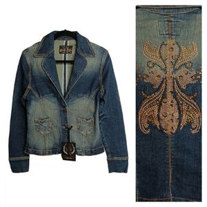 SWEET VIBES Rhinestone Cross Back Button Front Denim Jean Jacket Medium NWT